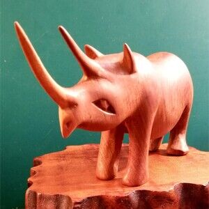 Vintage Rhino Rhinoceros Hand Carved Teak Wood Figurine African Kenya Safari